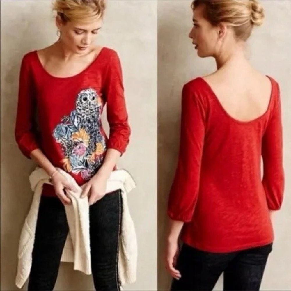 9-H15 Postmark Anthropologie Top Shirt Red Forest Fete Owl Scoop Neck Medium